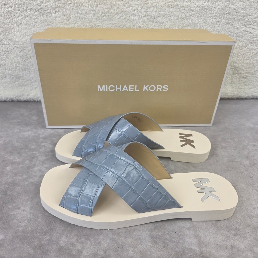 Michael Kors Glenda Sandals Pale Blue Croc Embossed Slide 40S2GLFP1E Mens 6.5 M